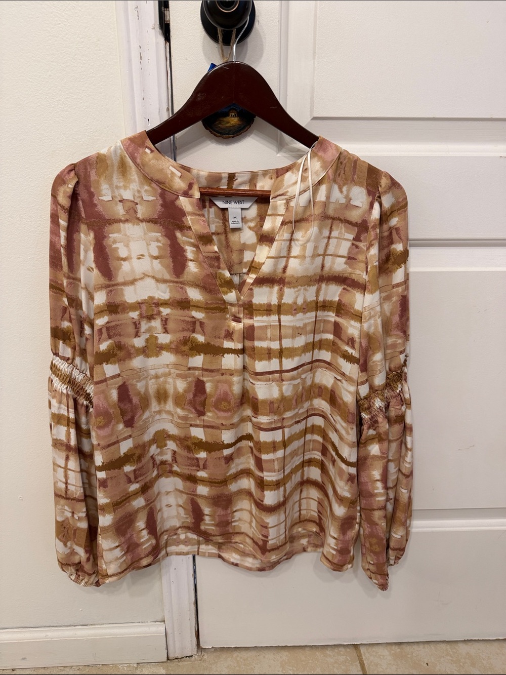 Nine West Taupe, Pink & Olive Tie-Dye V-Neck Blouse